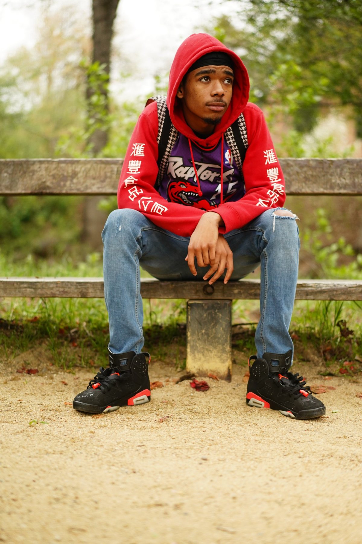 Streetwear portrait on a park bench